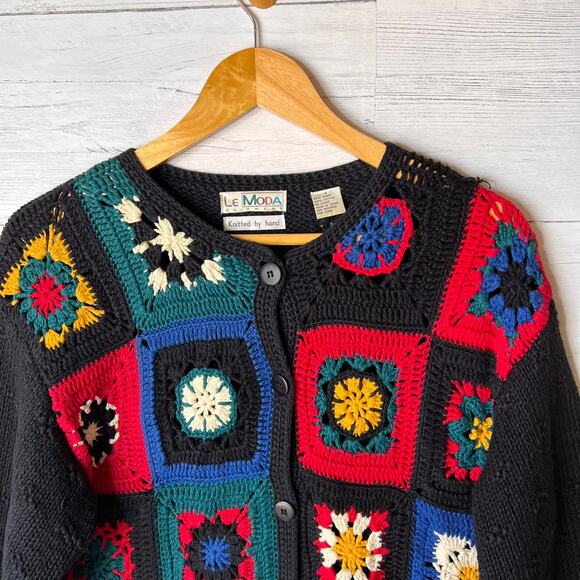 Le Moda Sweater Womens Size Medium Vintage Black Knitted by Hand Granny Square - Picture 9 of 16